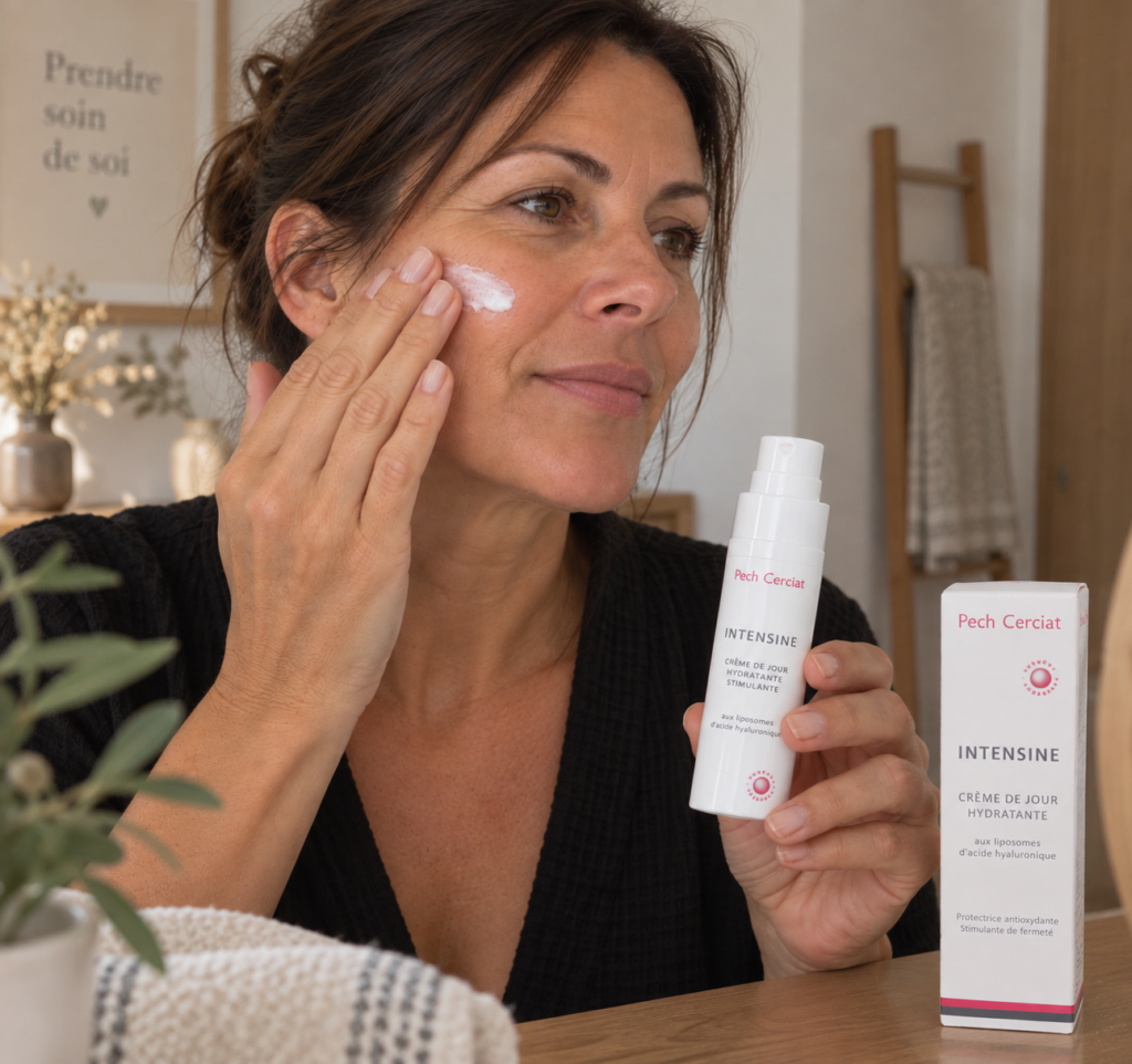 Peau déshydratée ou peau sèche : femme de 45 ans appliquant la crème hydratante INTENSINE Pech Cerciat